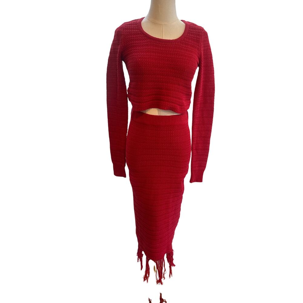 Freshman 1966 Red Knit Two Piece Set Fringe Skirt Crop Sweater XS